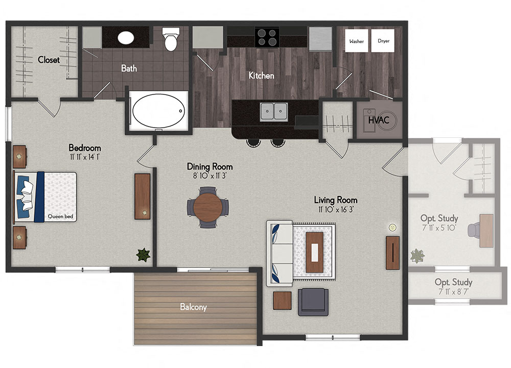 Floor plan for 1 bed, 1 bath, 888 sqft